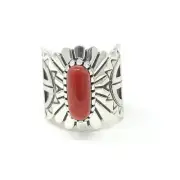 Emmett Navakuku Hopi Sterling Silver Ring Sun face Designs Mediterranean Coral