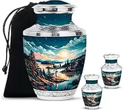 Cremation Keepsake Urns for Human Adult Ashes, Memorial Gift for Sister, Lighthouse Theme Urn Ash for Male & Female, Combo, Green (10 Inch & 3 Inch Mini Set of 2)