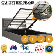 Bed Frame Queen Double King Single Size Gas Lift Base with Storage Linen Fabric