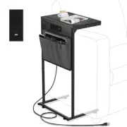 C Shaped End Table with Charging Station, Small Side Table for 1 Deep Gray