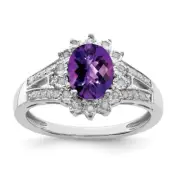 Sterling Silver Rhodium-plated Diamond & Checker-Cut Amethyst Ring Size 6