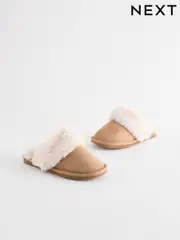 Tan Brown Faux Faur Lined Mule Slippers (Q91800) | $15 - $18