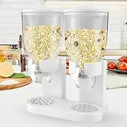 Double Cereal Dispenser 2L, Double Dry Food Dispenser, Reusable & Leakproof Canister Cereal Dispenser, Easy to Use Cereal Store Container for Candy Nut Grain Snack 7.4×6.3×13.7in (White)