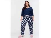 Peter Alexander Womens Plus Flannelette Spot PJ Pants/Navy Henley Top-Size 1+