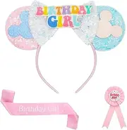 [Dazzroi] Mouse Ears Bow Headband, Pink Sparkle Sequin Mouse Ears with Birthday Ribbon and Badge, Mouse Ears Headband Cosplay Party Headband for Kids Girls Birthday Party Princess Party Decorations