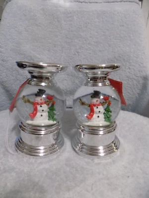 2 LED Snow Globe Snowman Candle Holders Light Up Snow Moves 7" Tall See Details