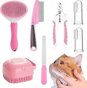 Cat Grooming Kit - Dog Shedding Brush with Nail Clipper and File,Include Pet Flea Comb and 2 Finger Toothbrushes, Complete Hair Care Set