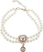 Dog Faux Pearl Collar: Dual-Layer Heart Pendant Necklace for Female Puppies Cat - Adjustable Pet Formal Jewelry for Christmas Birthday Valentine's Day