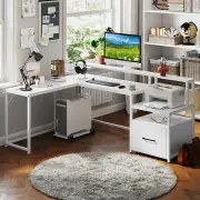 CostwayL-shaped Desk with Power Outlet and File Drawer for Gaming-White
