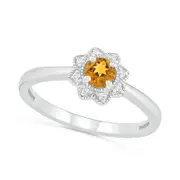 4.0mm Citrine and 0.05 CT. T.W. Natural Diamond Antique Vintage-Style Flower Ring in Sterling Silver