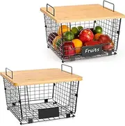 BYUNER Kitchen Counter Basket with Bamboo Top Potato Storage Pantry Cabinet Organization Countertop Organizer Fruit Vegetable Bread Wire Basket Cabinet Pantry Storage 2pcs