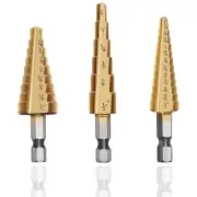 3Pcs Titanium Step Drill Bit Set, High Speed Steel Titanium Coated Drill Bits...