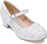 [FLYFUPPY] Girls Dress Shoes Mary Jane Shoes for Girls Sparkle Low Heel Hook and Loop Flats for School Wedding Party