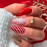 24Pcs Red Press on Nails Medium Length, Christmas Stick on Nails Almond Shape Fake Nails with Gold Glitter Design White Snowflake False Nails Full Cover Glossy Acrylic Nails Christmas Glue on Nails