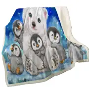 Kids Cute Animal Drawings Polar Bear and Penguins Throw Blanket