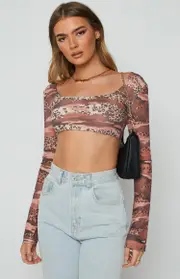 Undercover Brown Print Mesh Top