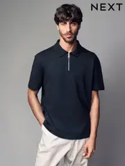 Black Relaxed Fit Heavyweight Quarter Zip Polo Shirt (B12988) | $44
