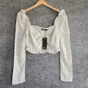 Nasty Gal Women' Size 8 Black & White Polka Dot Crop Blouse Ruffle New Festival