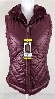 Nicole Miller sz S Vest reversible faux fur zips pockets burgundy