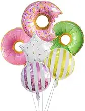 Donut and Star Foil Balloon Set, Party Decoration Kit, Pink Green Gold, 6 Pieces