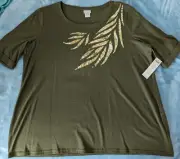 CHICO'S SHORT SLEEVE LASER CUT LEAF KNIT TOP OLIVE SIZE 2 (L) NEW W/TAGS $59