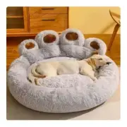 Diameter 90cm Light Blue Plush Dog Bed with Paw Design