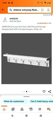 AHDecor Entryway Floating Shelf White With 6 Hangers. New In Box!