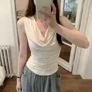 Cowl Neck Plain Slim Fit Crop Tank Top Almond - L