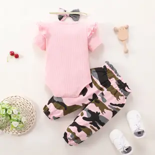 粉色迷彩 3 件套新生女嬰衣服套裝 0-18 個月 / 純羅紋短袖緊身衣褲 + 褲子 + 頭帶 / 運動款