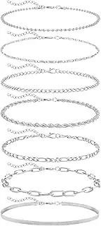 [LAXPICOL] 7PCS Silver Anklet Bracelet For Women/Girls, Adjustable Layered Women's Anklet Set,Waterproof Summer Beach Anklet Set Beaded Rope Link Jewelry Gifts For Women