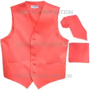 New Men's Vesuvio Napoli Tuxedo Vest Necktie Hankie set prom party Coral
