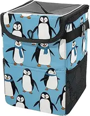 Car Trash Can with Lid and Storage Pockets Leak-Proof Organizer,Multipurpose Trash Bin for Car,Blue Background Penguins
