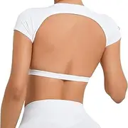 [SEAUR] Women's Open Back Workout Tops Backless Sports Top Medium Support Crop Tops Short Sleeve Shirt Going Out Tee with Bra