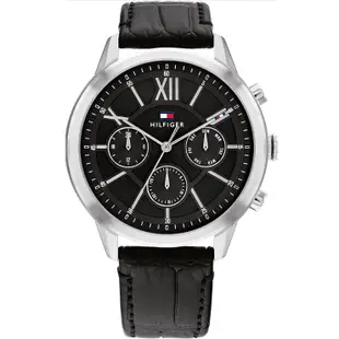 【Tommy Hilfiger】時尚黑面三眼皮革男錶1710527 44mm 現代鐘錶
