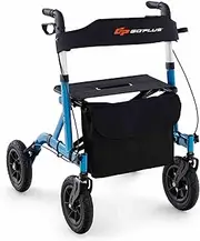 Costway Height Adjustable Rollator Walker With Seat, 24CM All Terrain Pneumatic Wheel, Storage Bag, 160 KG Weight Capacity, Lightweight for Seniors (Blue)