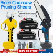 Cordless 6'' Wood Cutter Chainsaw 50mm Pruning Shear 2xBattery-Powered Charger