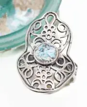 Roman Glass Silver 925 Hamsa Ring Ancient Fragments 200 B.C Bluish Patina Size:8