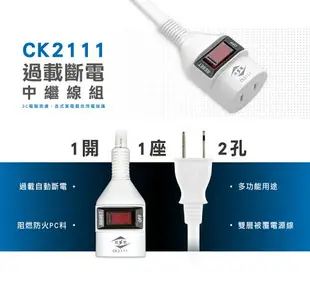 【威電】CK-2111 2孔1開1座 中繼線組 延長線 6尺/9尺/15尺(過載斷電 新安規 台灣製造)