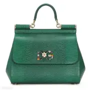 DOLCE & GABBANA Emerald Green Medium Sicily Bag Top Handle Millenials Logo stone