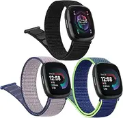3 Pack Nylon Bands for Fitbit Sense Bands Fitbit Versa 3 Bands Women Men, Soft Breathable Adjustable Replacement Strap Wristbands for Fitbit Sense / Fitbit Versa 3