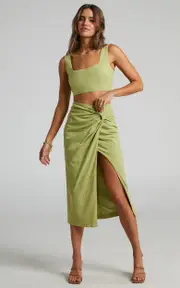 Gibson Two Piece Set - Linen Crop Top and Knot Front Midi Skirt Set in Celery