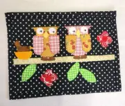 Hand Quilted Wall Hot Pan Holder Wall Display Owls On A Branch Black Polka-Dots