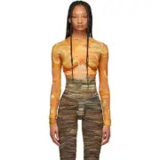KNWLS CHARLOTTE KNOWLES Anti Orange Swirl Print Sheer Stretch Crop Cut Out Top M