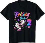 [X.Style] Kids Rolling Into 2 Year Old Roller Skate Girl 2nd Birthday ds1227 T-Shirt (XL) Black