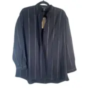 Eileen Fisher Wool Mandarin Collar Button Up STRIPED Shirt Sz XS #T1941 OVERSIZE
