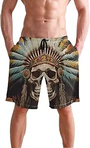 [XYMZR] Men's Swim Trunks Chief Skull Feather Quick-Dry Bathing Suit Swimming Board Shorts S