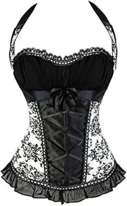 [FAWENLI] Fashion Vintage Corset Bustier Elegant Halter Floral Print Satin Overbust Corset Lace Up Bustier Waist Cincher