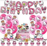 Hello Kitty Birthday Decorations Cartoon Party Supplies Pack, Include Happy Birthday Banner, Cake Topper, Balloons, Cupcake Toppers, Kitty Party Decorations for Girls