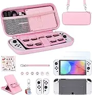 Younik Switch OLED Accessories Bundle, 15 in 1 Pink Switch OLED Accessories Kit Include Switch Carrying Case with 9 Game Card Slots, Adjustable Stand, Protective Case for Switch Console & J-Con