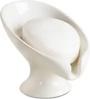 Automatic Drain Leaf Shape Soap Holder, Marble White Ceramic Soap Dish for Shower( Cream White)